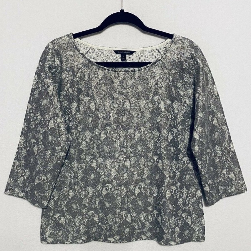 Banana Republic Top Womens Medium Gray Bonded Lace Metallic 3/4 Sleeves Boho